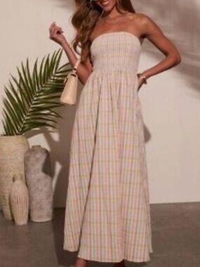 Vici Strapless Plaid Maxi Dress in Beige and Cream